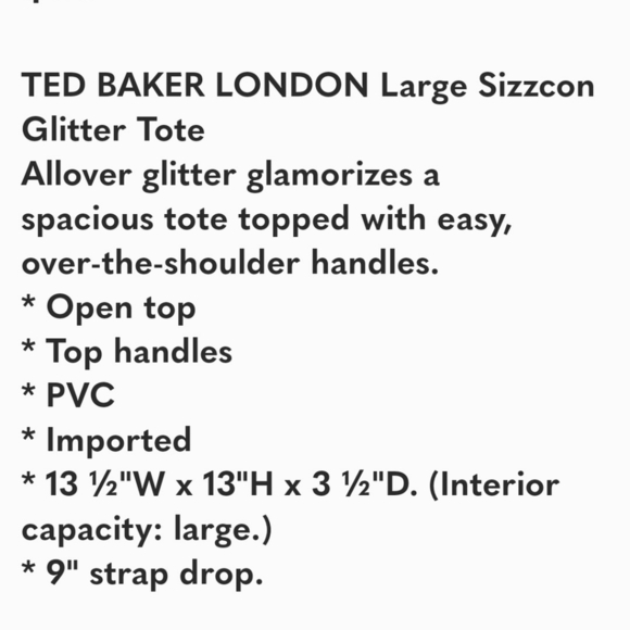 NEW TED BAKER LONDON Large Sizzcon Glitter Tote Bag Purse Glam Designer Summer - Picture 8 of 15